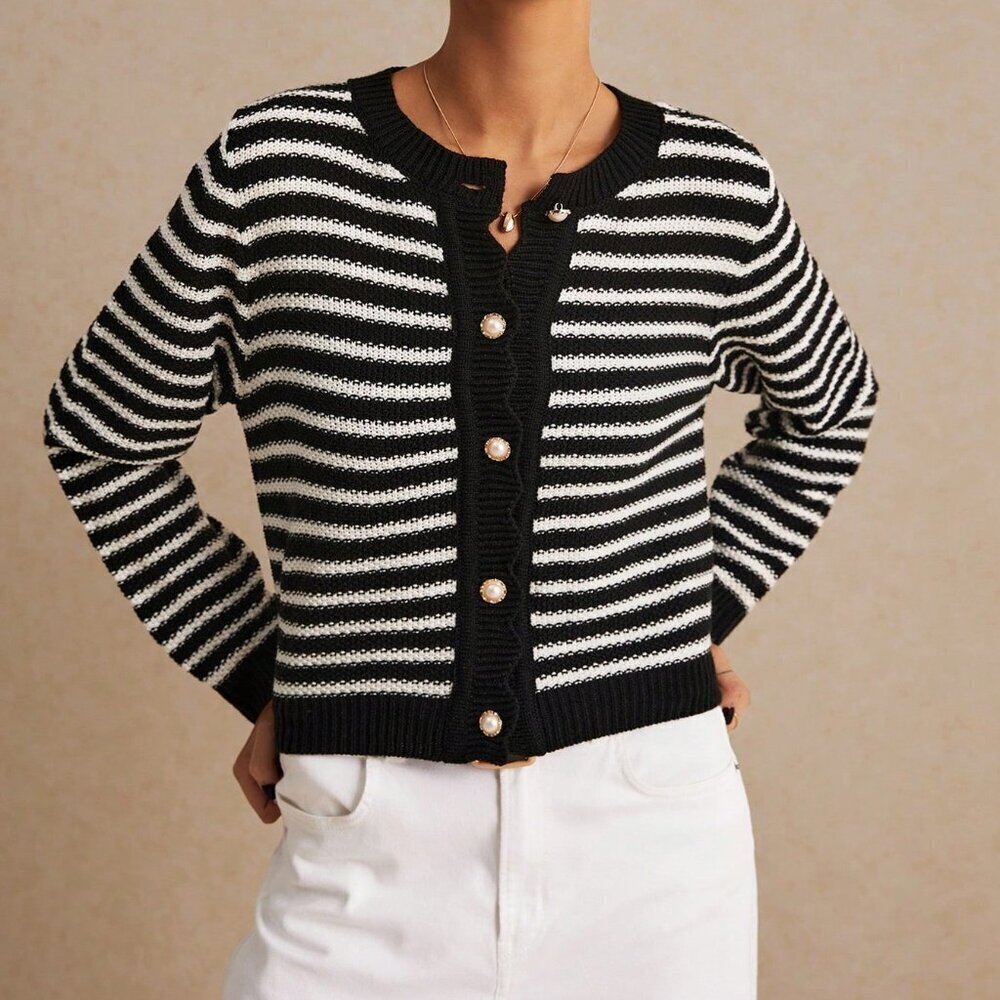 Black And White Casual Women's Scalloped Edge Button Front Knit Long Sleeves